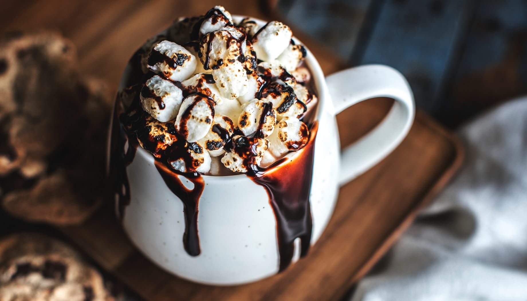 hot-chocolate-2 Cup of hot chocolate in a white mug with toasted marshmallows on top.