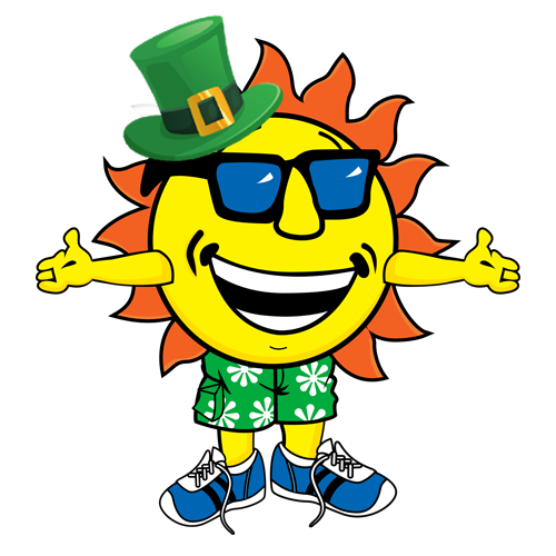 nC0UXKLM Ray, Splashway's sun mascot, in a green top hat, sunglasses, and floral swim trunks, smiling.